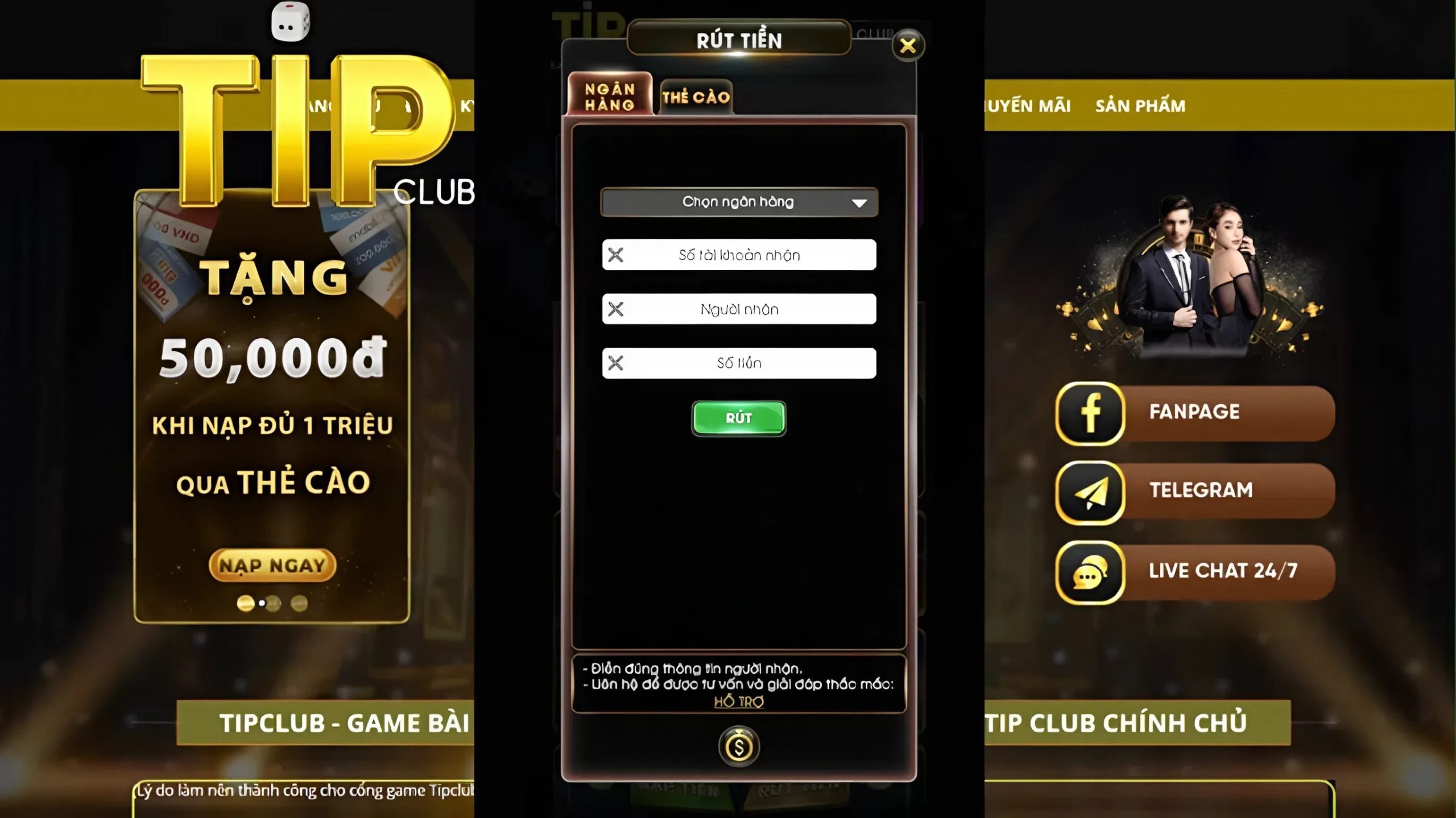 Hướng dẫn nạp tiền và rút tiền Tipclub